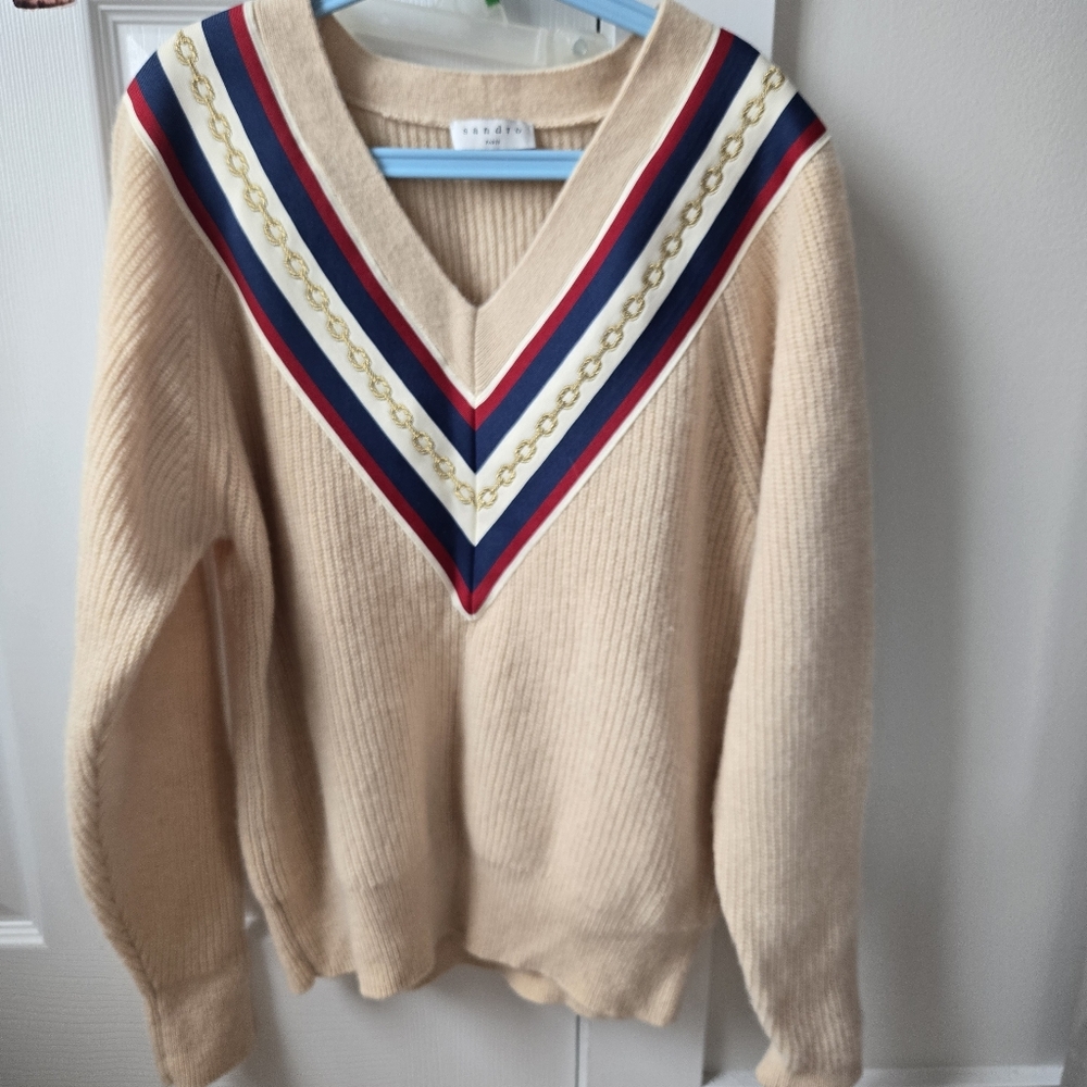 Sandro Beige V-Neck Sweater with Chain Stripe